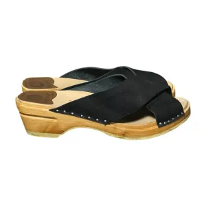 Troentorp Clogs Criss Cross Sandals Women Size 39 US 9 Black Leather Wood Sweden
