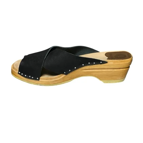 Troentorp Clogs Criss Cross Sandals Women Size 39 US 9 Black Leather Wood Sweden