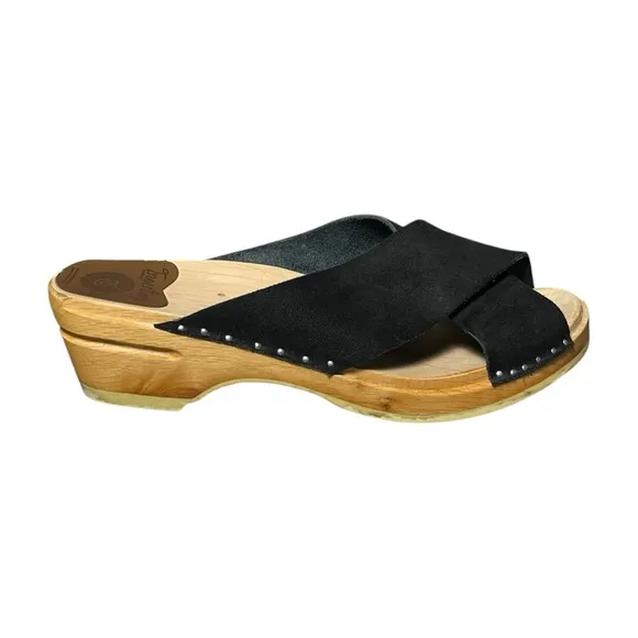 Troentorp Clogs Criss Cross Sandals Women Size 39 US 9 Black Leather Wood Sweden