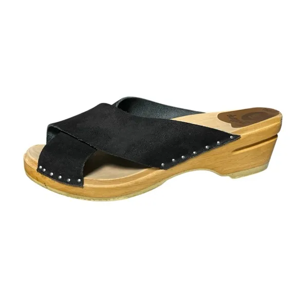 Troentorp Clogs Criss Cross Sandals Women Size 39 US 9 Black Leather Wood Sweden