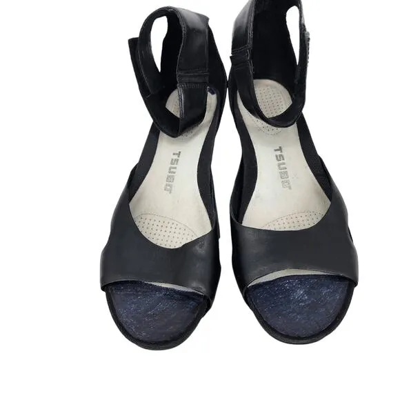 Tsubo Women's Black Leather Ankle Strap 2 Inch Wedge Sandals Size 8.5