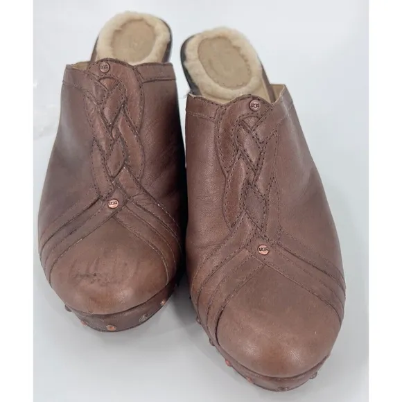Ugg Abigail Sheepskin Leather Studded Wedge Mule Clogs Shoes 1716 Brown 9/40