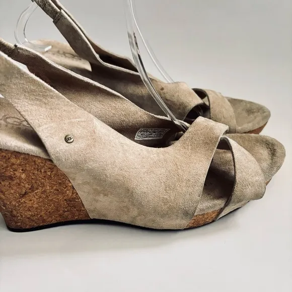 UGG Beige Suede Cork Sandals Wedge Platform Woman’s Shoe Size 9