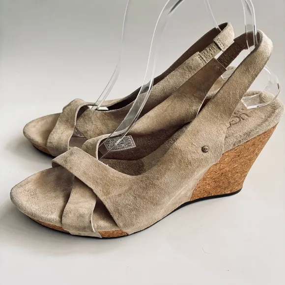 UGG Beige Suede Cork Sandals Wedge Platform Woman’s Shoe Size 9