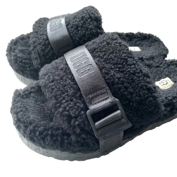 UGG Fluffita Sherling Black Slip On Platform Slippers Sandals Shoes Woman’s 8