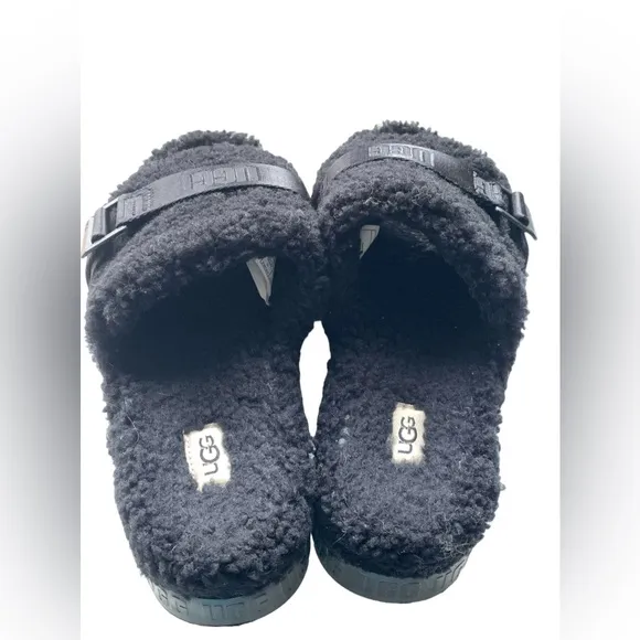 UGG Fluffita Sherling Black Slip On Platform Slippers Sandals Shoes Woman’s 8