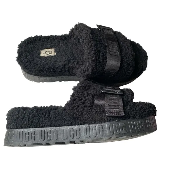 UGG Fluffita Sherling Black Slip On Platform Slippers Sandals Shoes Woman’s 8