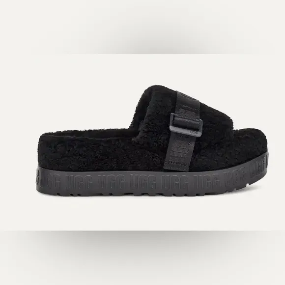 UGG Fluffita Sherling Black Slip On Platform Slippers Sandals Shoes Woman’s 8