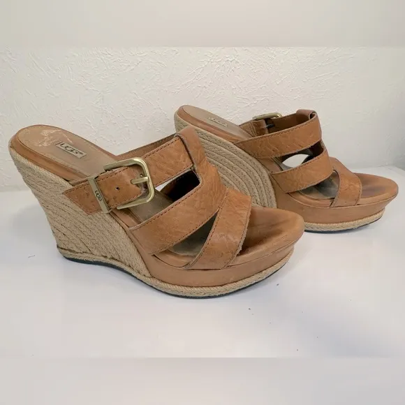 UGG hedy embossed leather espradille wedge sandals, size 7.5