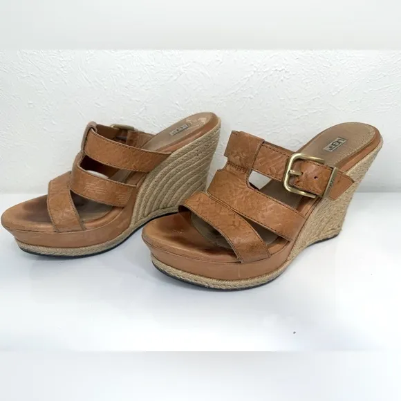 UGG hedy embossed leather espradille wedge sandals, size 7.5