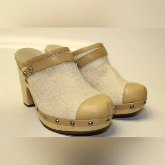 UGG Jolene Womens 7 38 Textile/Leather High Heel Clogs Shoes