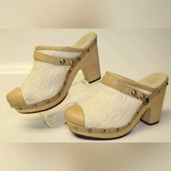 UGG Jolene Womens 7 38 Textile/Leather High Heel Clogs Shoes