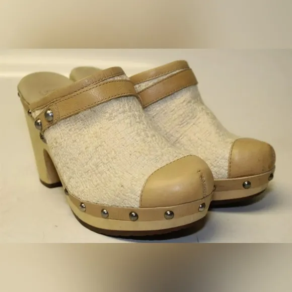 UGG Jolene Womens 7 38 Textile/Leather High Heel Clogs Shoes