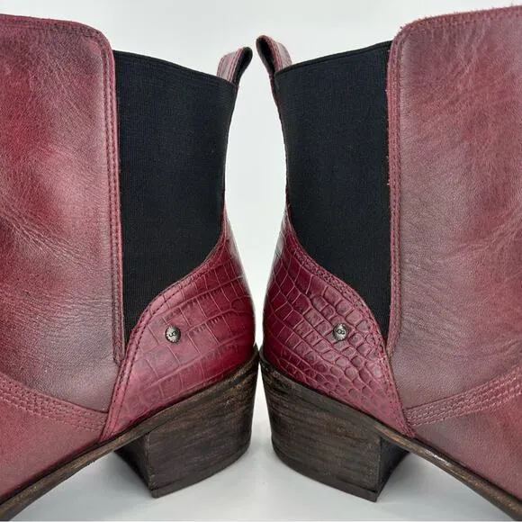 UGG MERLOT WINE LEATHER EMBOSSED AT HEEL STACKED BLOCK HEEL CHELSEA ANKLE BOOTS