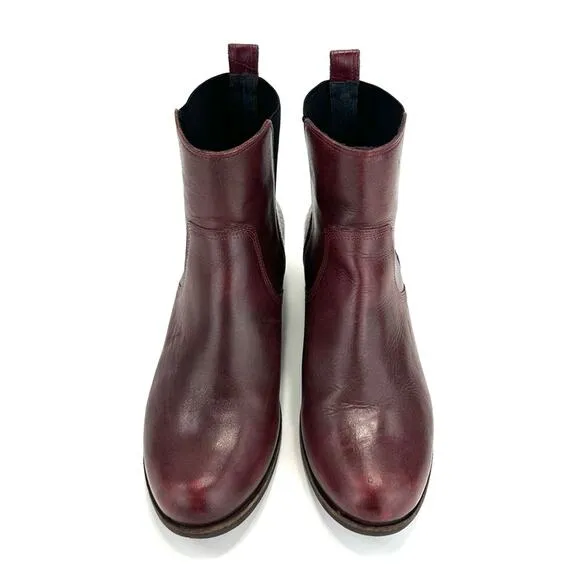 UGG MERLOT WINE LEATHER EMBOSSED AT HEEL STACKED BLOCK HEEL CHELSEA ANKLE BOOTS