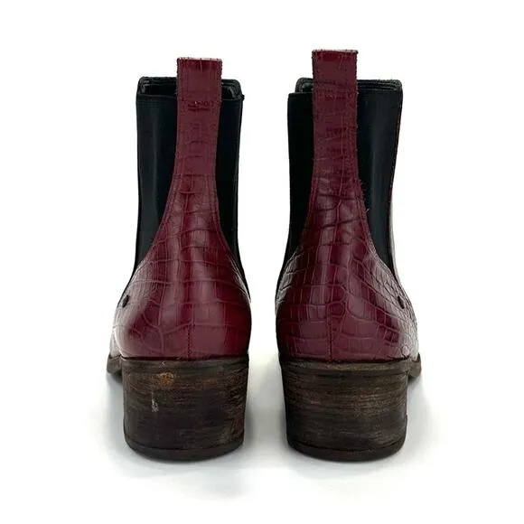 UGG MERLOT WINE LEATHER EMBOSSED AT HEEL STACKED BLOCK HEEL CHELSEA ANKLE BOOTS