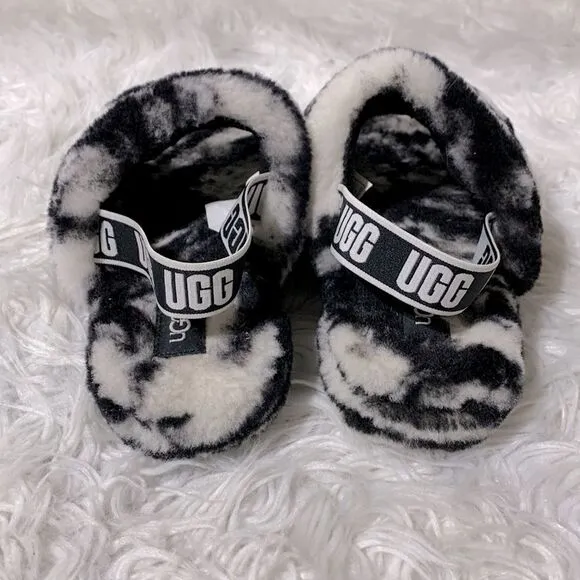 UGG shearling sandals black/white elastic straps women sz 6-see meas