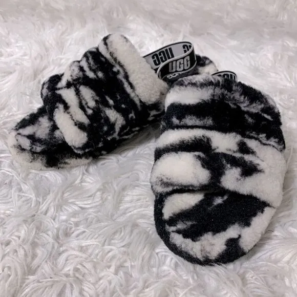 UGG shearling sandals black/white elastic straps women sz 6-see meas