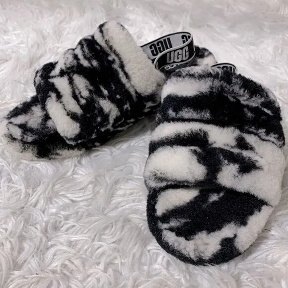UGG shearling sandals black/white elastic straps women sz 6-see meas