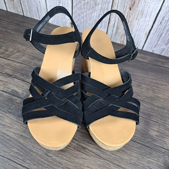 UGG Uma Cork Suede Strappy Wedge Sandals Women's Sz 9 Black (VGC)