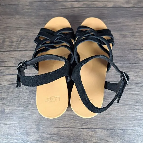UGG Uma Cork Suede Strappy Wedge Sandals Women's Sz 9 Black (VGC)