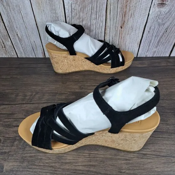 UGG Uma Cork Suede Strappy Wedge Sandals Women's Sz 9 Black (VGC)