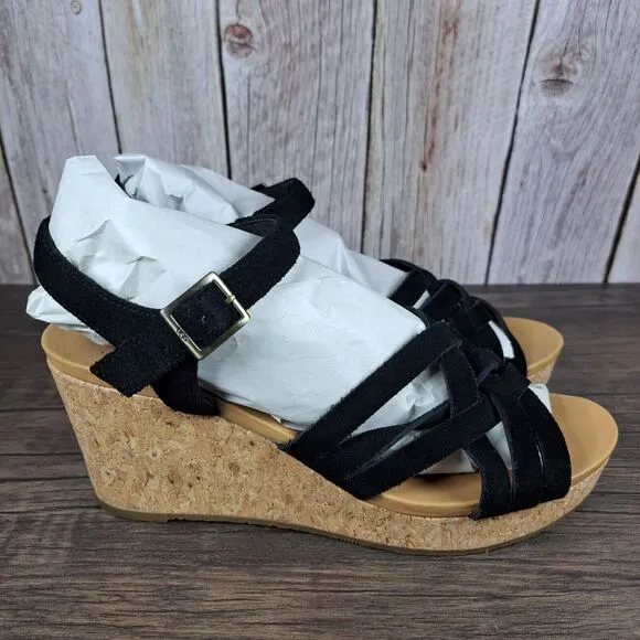 UGG Uma Cork Suede Strappy Wedge Sandals Women's Sz 9 Black (VGC)
