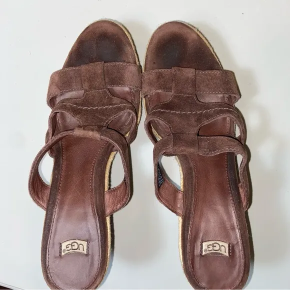 UGG Women's Brown and straw weave suede Wedge Sandals size US 9
