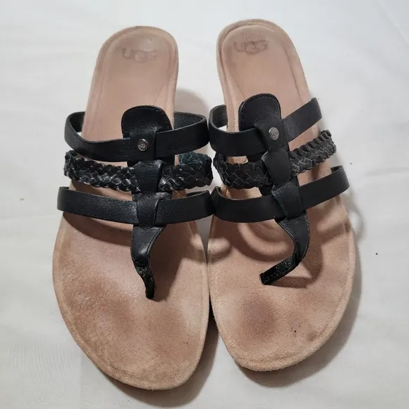 Ugg Women's Maddie Leather, Suede, Cork Black Wedge Thong Slides Sandals Sz 8.5