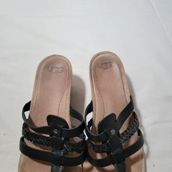 Ugg Women's Maddie Leather, Suede, Cork Black Wedge Thong Slides Sandals Sz 8.5