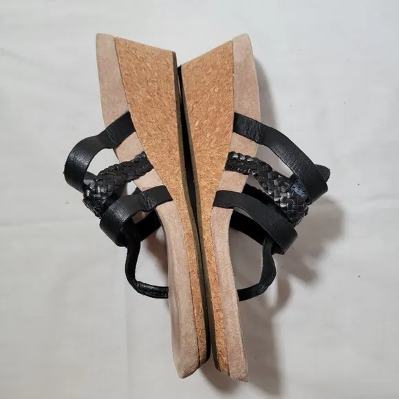 Ugg Women's Maddie Leather, Suede, Cork Black Wedge Thong Slides Sandals Sz 8.5