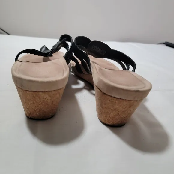 Ugg Women's Maddie Leather, Suede, Cork Black Wedge Thong Slides Sandals Sz 8.5