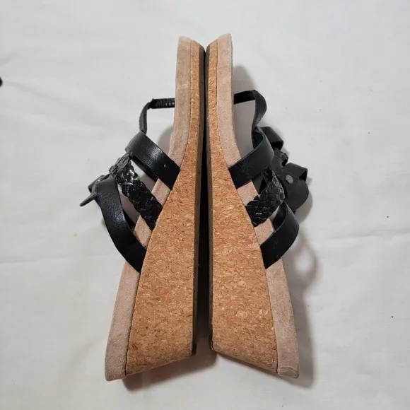Ugg Women's Maddie Leather, Suede, Cork Black Wedge Thong Slides Sandals Sz 8.5