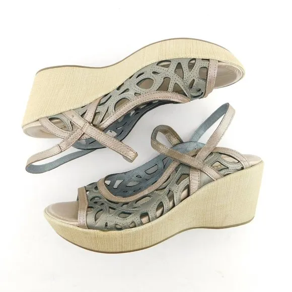 Unworn NAOT Pewter Gray Metallic Leather Wedge Slingback Sandals 42EU / 11US
