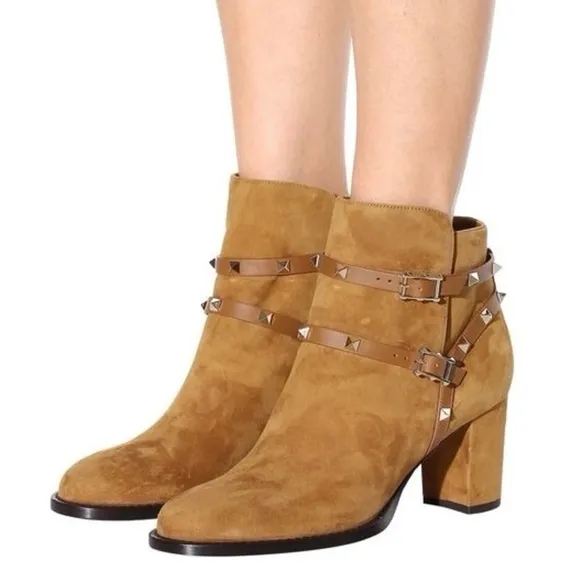 VALENTINO GARAVANI Suede Rockstud Double Buckle 70mm Block Heel Ankle Boots EU40