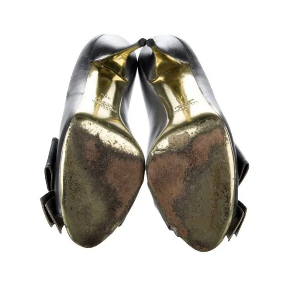 Valentino Pewter Metallic Leather Bow Peep Toe Pumps Heel Shoes IT 37.5/US 7-7.5