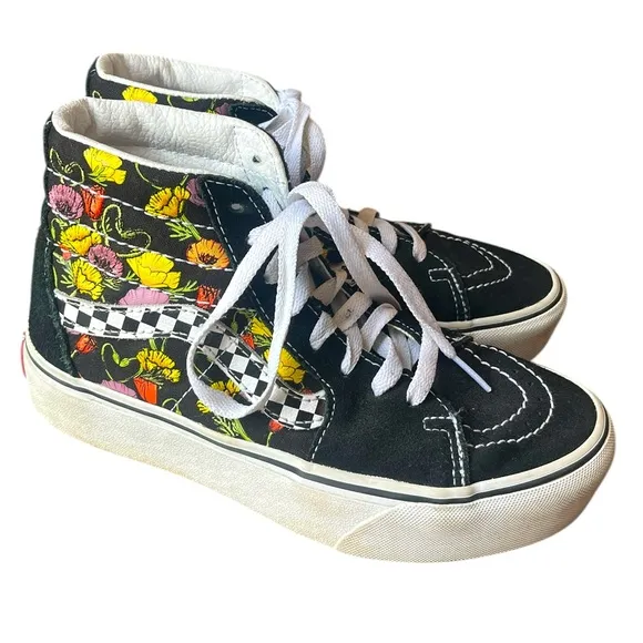 Vans Sk8-Hi Platform Skate Shoes Colorful Poppy Checkerboard Floral Womens 5.5