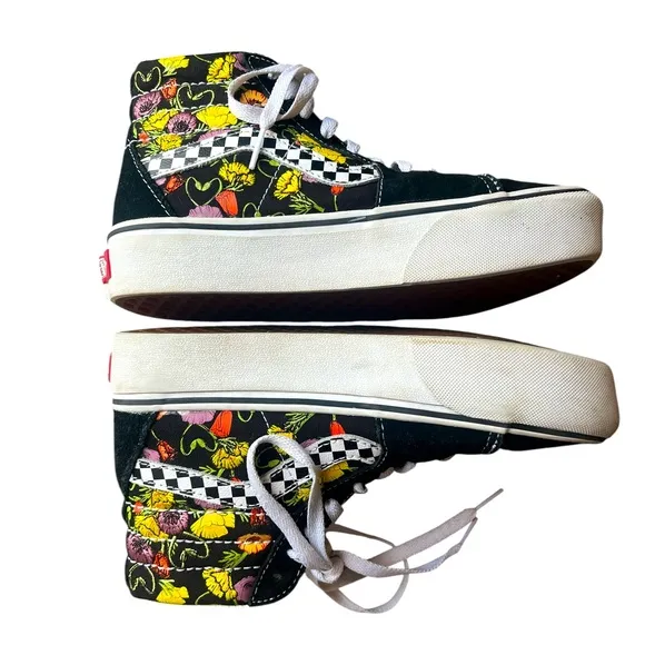 Vans Sk8-Hi Platform Skate Shoes Colorful Poppy Checkerboard Floral Womens 5.5