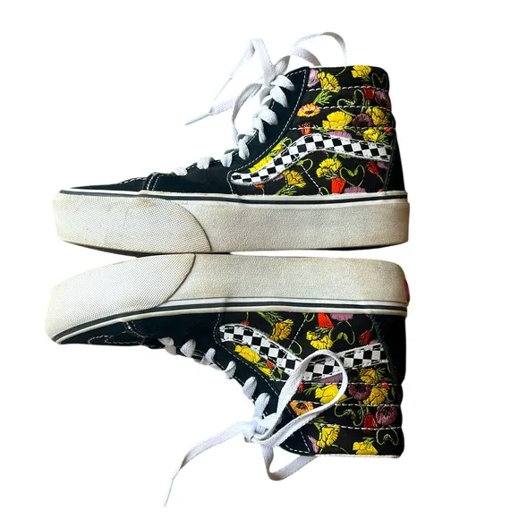 Vans Sk8-Hi Platform Skate Shoes Colorful Poppy Checkerboard Floral Womens 5.5
