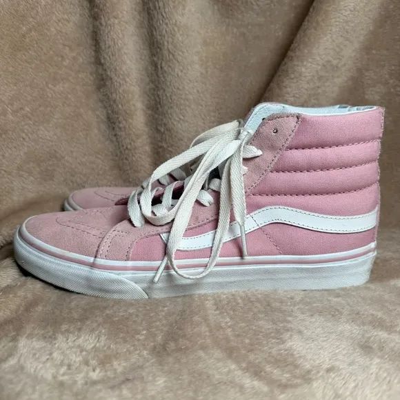 Vans SK8 Women's 8.5 Hi Top Pink White Suede Canvas Lace Up Skater Shoes Casual