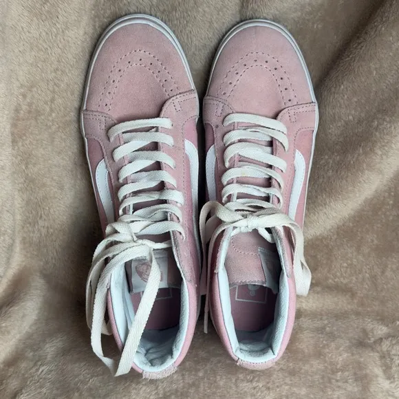 Vans SK8 Women's 8.5 Hi Top Pink White Suede Canvas Lace Up Skater Shoes Casual