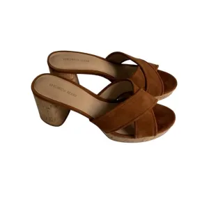 Veronica Beard Dory Suede Sandals 8.5M Brown Block Cork Heel Criss Cross Mule