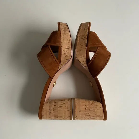 Veronica Beard Dory Suede Sandals 8.5M Brown Block Cork Heel Criss Cross Mule