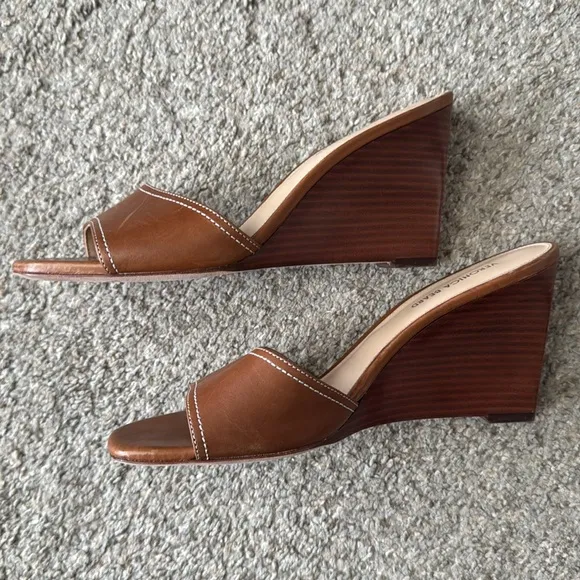 Veronica Beard Ellen Brown Leather Wedge Sandals Size 8