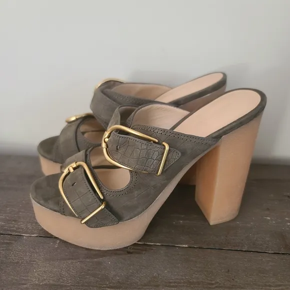 VERONICA BEARD GARRICK DUAL BUCKLE PLATFORM SANDALS Olive Green Size 8.5 New