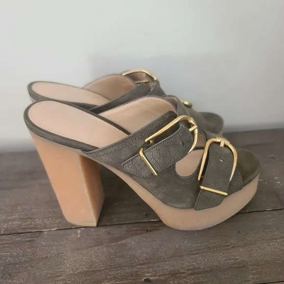 VERONICA BEARD GARRICK DUAL BUCKLE PLATFORM SANDALS Olive Green Size 8.5 New