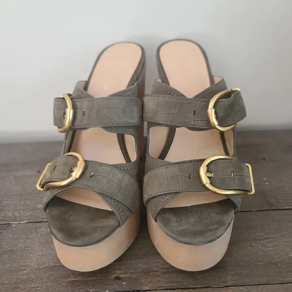VERONICA BEARD GARRICK DUAL BUCKLE PLATFORM SANDALS Olive Green Size 8.5 New