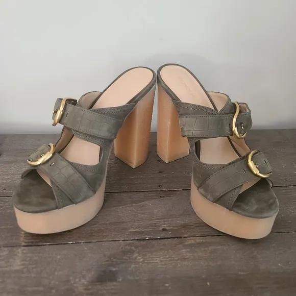 VERONICA BEARD GARRICK DUAL BUCKLE PLATFORM SANDALS Olive Green Size 8.5 New