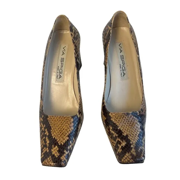 Via Spiga snakeskin shoes, Expresso and Caramel colors, block heel shoes, 6 1/2M