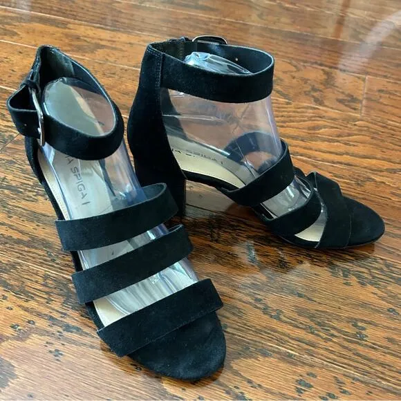 Via Spiga Strappy Block Heel Sandals in Black Suede Leather Size 10
